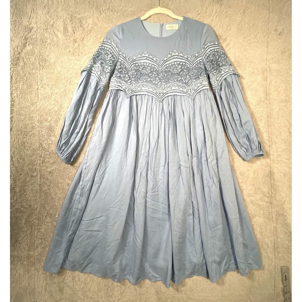 Aura Bella Cleangirl Milkmaid Blue Midi XS Dress LS Lace Pleated Modest Prairie